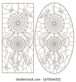 Set of outline illustrations of stained glass Windows with dream catchers and butterflies, dark outline on white background