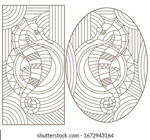 Set of outline illustrations of stained glass Windows with  seahorses, dark outlines on white background