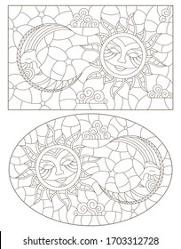 Set of outline illustrations of stained glass Windows with sun and moon on cloudy sky background, dark outlines on white background