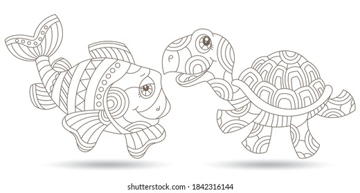 Set of outline illustrations with stained glass elements, fish and turtle, dark contours isolated on a white background