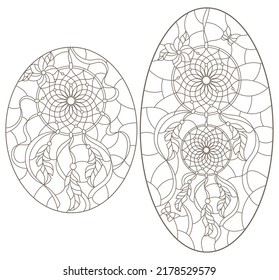 Set of outline illustrations of stained glass Windows with dream catchers and butterflies, dark outline on white background, oval images