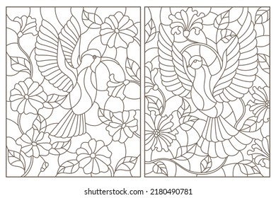 Set of outline illustrations of stained glass with birds and flowers, doves and hummingbirds, dark outlines on white background