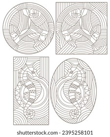 Set of outline illustrations of stained glass Windows with fishes and seahorse, dark outlines on white background