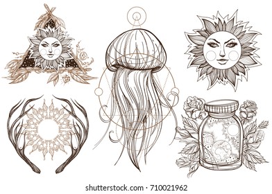 A set of outline illustrations in the style of Boho. Templates for tattoos and coloring. The sun, horns, jellyfish and souvenirs.