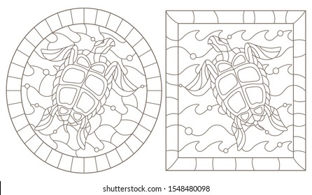 Set of outline illustrations in the style of stained glass with sea turtles into the waves, a dark outline on a white background