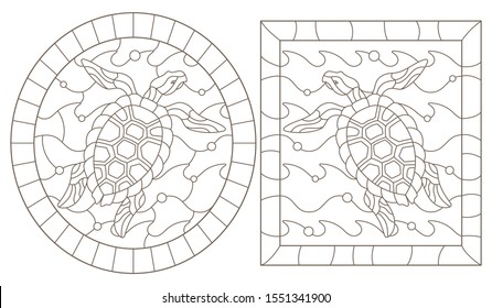 Set of outline illustrations in the style of stained glass with sea turtles into the waves, a dark outline on a white background