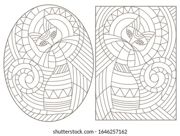 Set of outline illustrations in the style of stained glass with abstract cats , dark outlines on white background