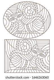 Set of outline illustrations in the style of stained glass with abstract cats , dark outlines on white background