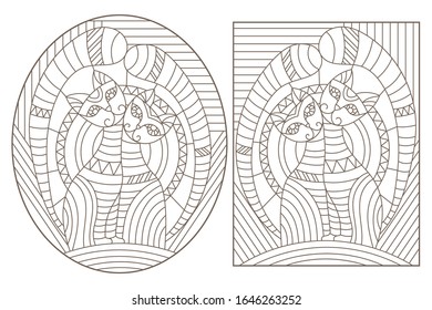 Set of outline illustrations in the style of stained glass with abstract cats , dark outlines on white background