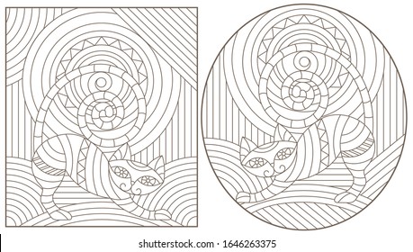Set of outline illustrations in the style of stained glass with abstract cats , dark outlines on white background