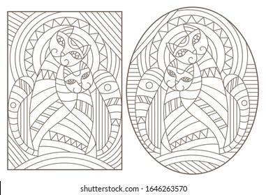 Set of outline illustrations in the style of stained glass with abstract cats , dark outlines on white background