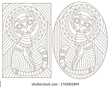 Set of outline illustrations in the style of stained glass with abstract cats , dark outlines on white background