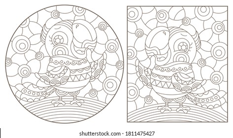 Set of outline illustrations in the style of stained glass with abstract parakeets , dark outlines on white background