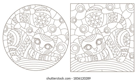 Set of outline illustrations in the style of stained glass with abstract cats , dark outlines on white background