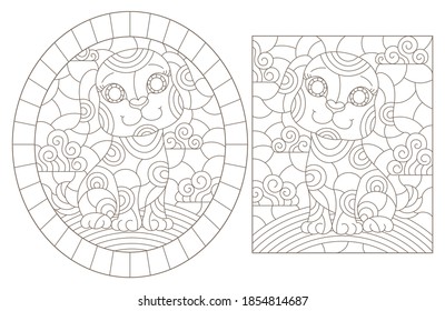 Set of outline illustrations in the style of stained glass with abstract dogs , dark outlines on white background