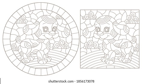 Conjunto de ilustraciones de contorno en el estilo del vidrio manchado con perros abstractos , contornos oscuros sobre fondo blanco