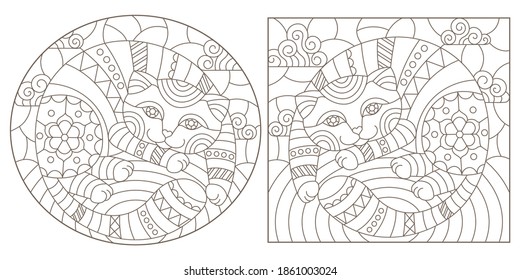 Set of outline illustrations in the style of stained glass with abstract cats , dark outlines on white background