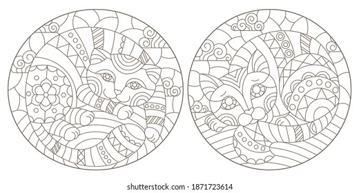 Set of outline illustrations in the style of stained glass with abstract cats , dark outlines on white background, round images