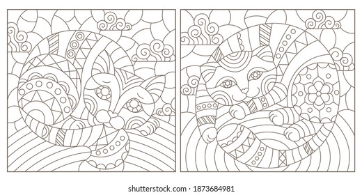 Set of outline illustrations in the style of stained glass with abstract cats , dark outlines on white background, rectangular images