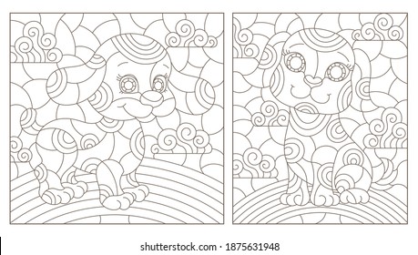 Set of outline illustrations in the style of stained glass with abstract dogs , dark outlines on white background, rectangular images
