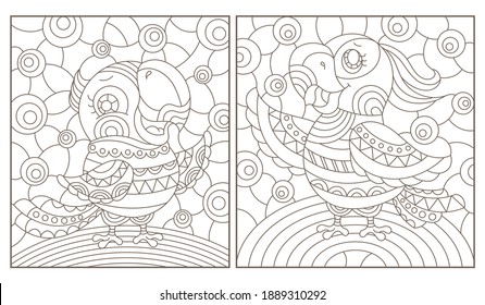 Set of outline illustrations in the style of stained glass with abstract parakeets , dark outlines on white background, rectangular images