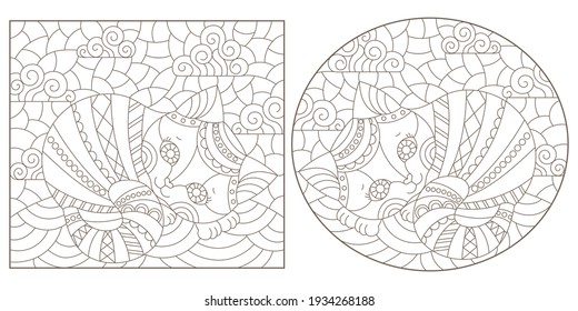 Conjunto de ilustraciones de contorno en el estilo de vidrio manchado con gatos abstractos , contornos oscuros sobre fondo blanco