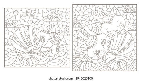 Set of outline illustrations in the style of stained glass with abstract cats , dark outlines on white background, rectangular images