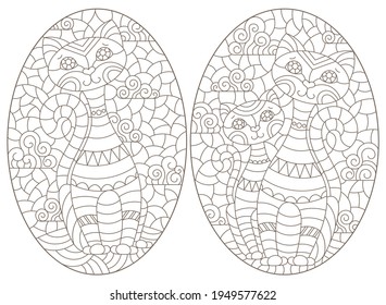 Set of outline illustrations in the style of stained glass with abstract cats , dark outlines on white background, oval images