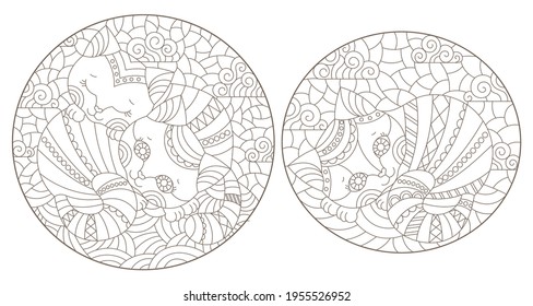 Set of outline illustrations in the style of stained glass with abstract cats , dark outlines on white background, oval images