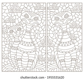 Set of outline illustrations in the style of stained glass with abstract cats , dark outlines on white background, rectangular images