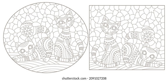 Set of outline illustrations in the style of stained glass with abstract cats , dark outlines on white background
