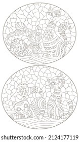 Set of outline illustrations in the style of stained glass with abstract cats , dark outlines on white background