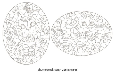 Set of outline illustrations in the style of stained glass with abstract dogs , dark outlines on white background