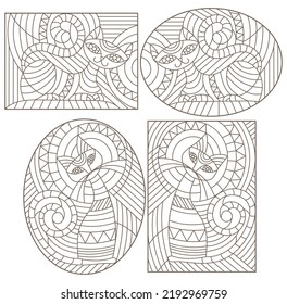 Set of outline illustrations in the style of stained glass with abstract cats , dark outlines on white background