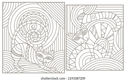 Set of outline illustrations in the style of stained glass with abstract cats , dark outlines on white background