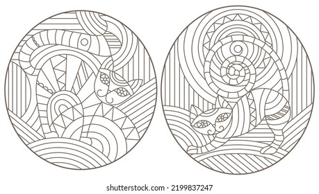 Set of outline illustrations in the style of stained glass with abstract cats , dark outlines on white background