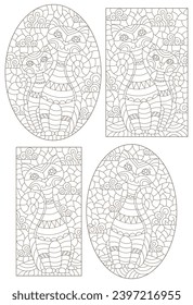 Conjunto de ilustraciones de contorno en el estilo de vidrio manchado con gatos abstractos , contornos oscuros sobre fondo blanco