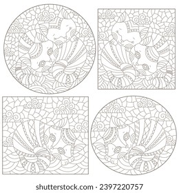 Set of outline illustrations in the style of stained glass with abstract cats , dark outlines on white background