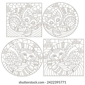 Set of outline illustrations in the style of stained glass with abstract cats , dark outlines on white background