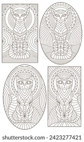 Set of outline illustrations in the style of stained glass with abstract cats , dark outlines on white background
