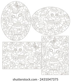 Set of outline illustrations in the style of stained glass with abstract dogs , dark outlines on white background