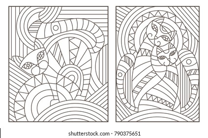 Set of outline illustrations in the style of stained glass with abstract cats