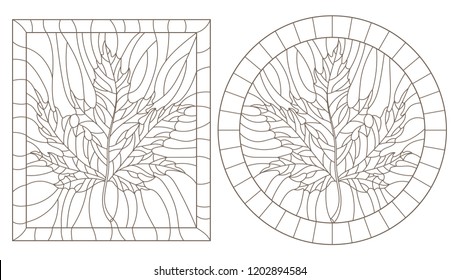 Set of outline illustrations in the style of vintage with leaves in a frames,oval and rectangular image