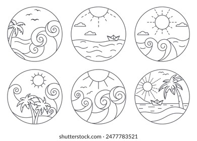 set of outline illustrations with tropical landscape. minimalistic vector emblem collection