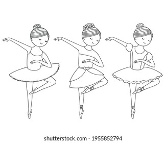 Set of outline images on a white background. Beautiful little ballerina in pointe shoes and dress. 
