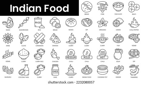 Set of outline indian food icons. Minimalist thin linear web icon set. vector illustration.