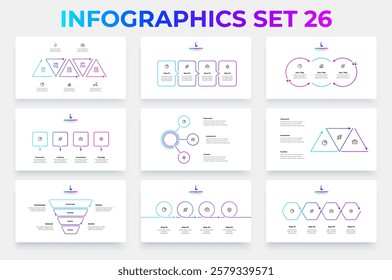 Set of outline infographic elements. Vector process diagrams, flowcharts, timelines and funnel with 3, 4 and 5 options, steps or processes. Minimal business presentation