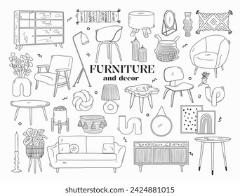 Set of outline interior design objects. Line armchair, couch, dresser, lamp, plant, candle, mirror and decor. Sketch drawings of modern furniture in scandinavian style. Vector graphic