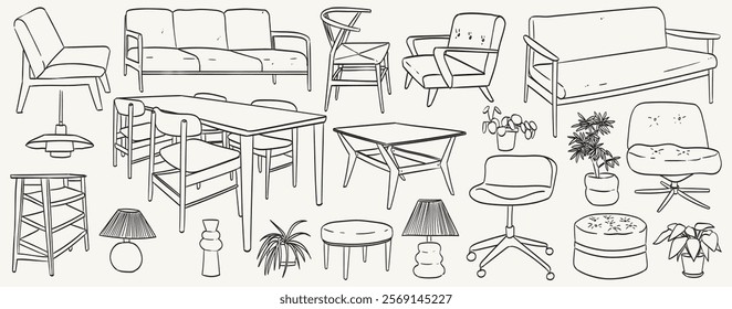 Set of outline interior design objects. Line armchair, couch, flower pot, lamp, table with different chairs. Sketch drawings of modern furniture in scandinavian minimalist wooden style. Vector graphic