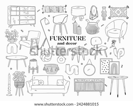 Set of outline interior design objects. Line armchair, couch, dresser, lamp, plant, candle, mirror and decor. Sketch drawings of modern furniture in scandinavian style. Vector graphic